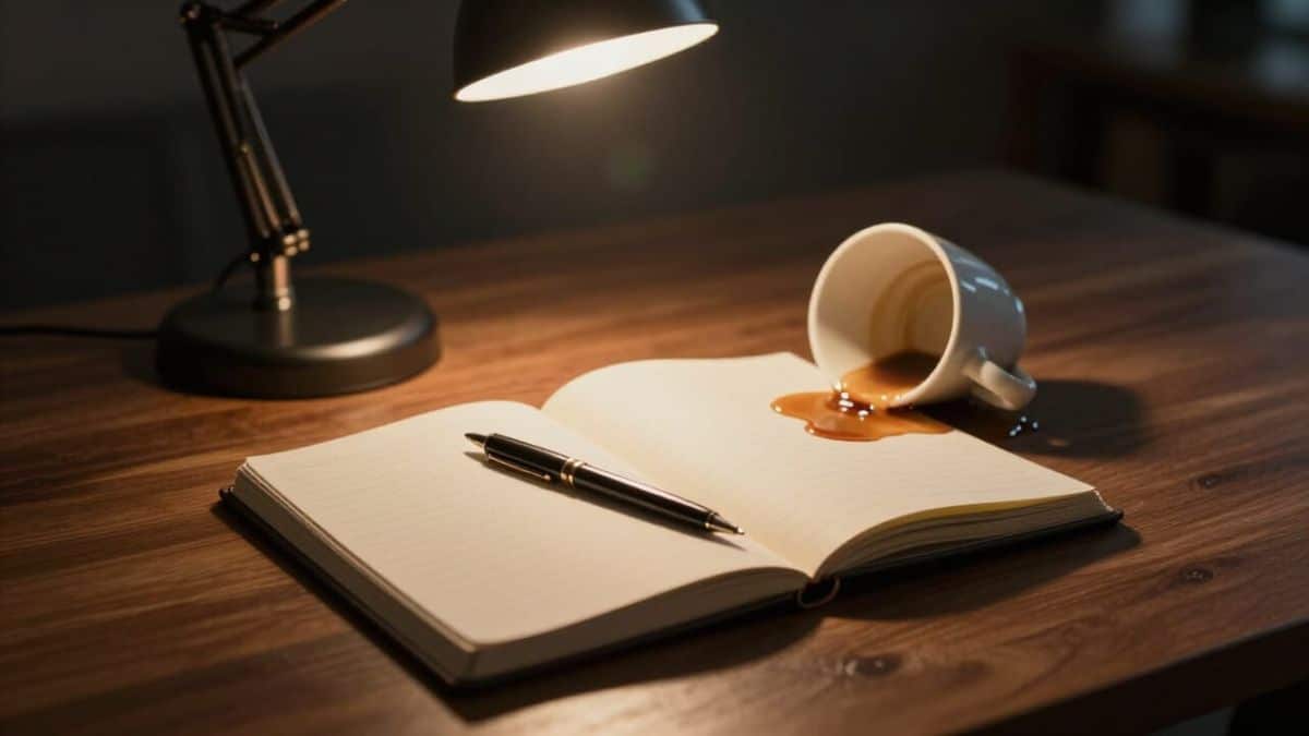 Dramatischer Moment beim Schreiben einer Wendepunkt-Szene am Schreibtisch